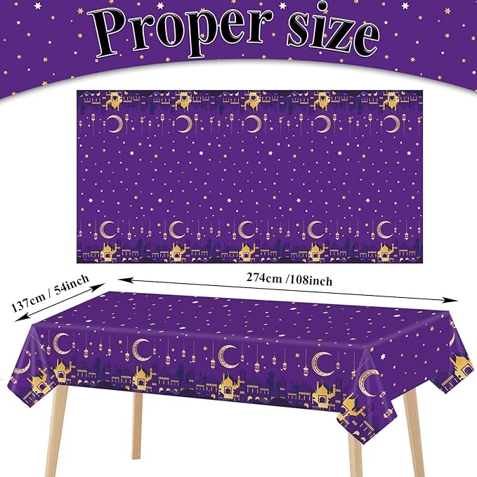 3 Pieces Ramadan Mubarak Tablecloths for Eid Mubarak Decorations Plastic Disposable Happiness Ramadan Eid Al-fitr Party Table Covers for Rectangle Tables Ramadan Party Favors, 54 x 108 Inches（Purple）