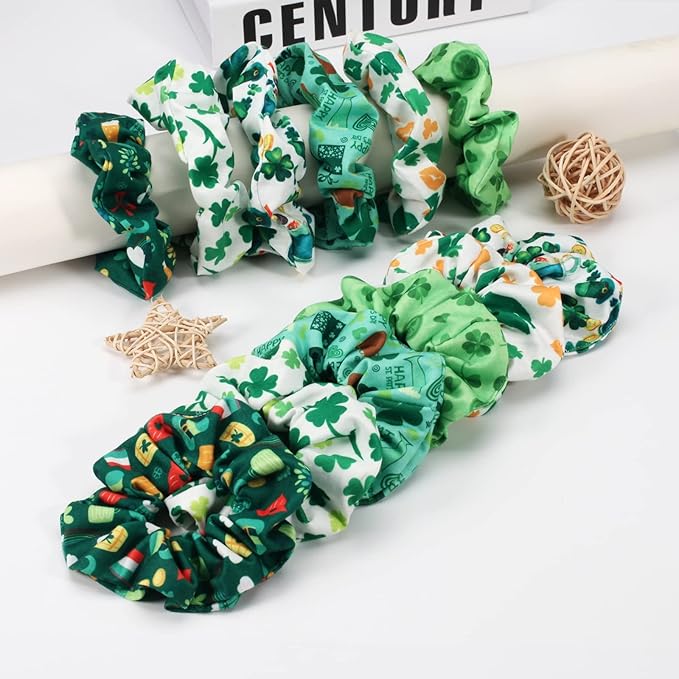 12pcs St Patrick's Day Hair Scrunchies Green Shamrock Leaves Leprechaun Hat Irish Hair Ties for Girls Women Soft Hair Accessories Gifts