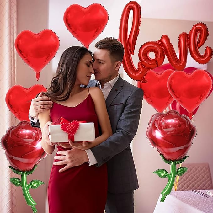 Valentine Balloons Red Love Balloons Red Heart Balloons and Red Rose Balloons Valentine Party Balloons for Valentine Day Decoration Special Night Party Decorations Theme Supplies Balloon Sets-8 PCS