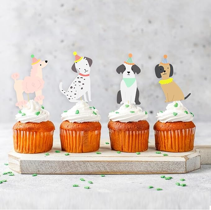 Dog Themed Happy Birthday Banner 12PCS Pet Dog Cupcake Toppers Baby Shower Party Supplies (Banner+Cupcake Toppers)