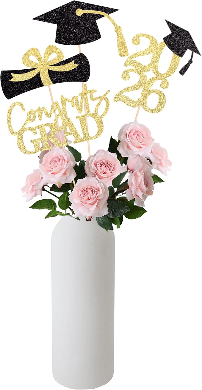 Graduation Decoration Class of 2026 Centerpieces for Table, 2026 Party Centerpieces Grad Cap Sticks Party Supplies, Graduation Party Decoration Toppeers (16 PCS, Gold & Black, Set of 4)