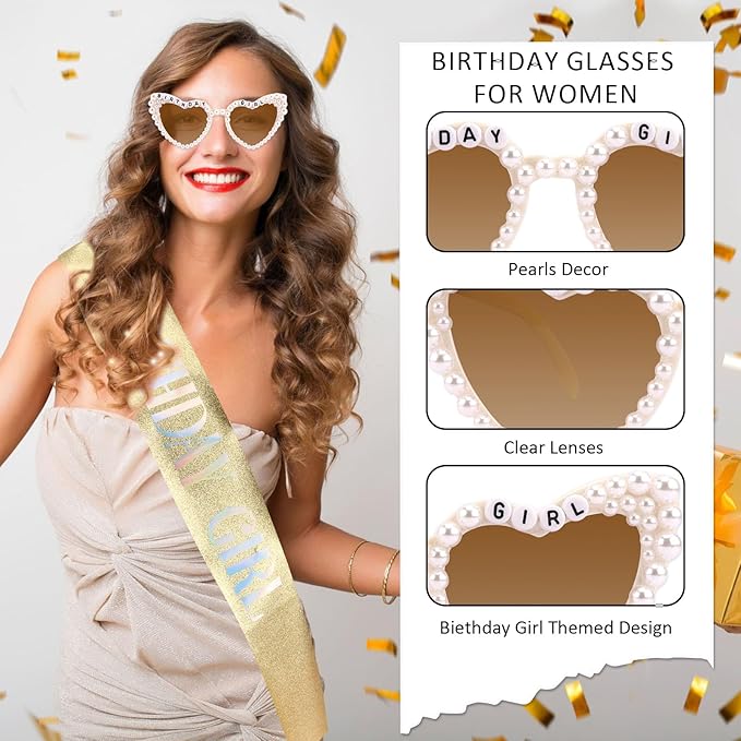 Birthday Sash & Glasses Set, Gold Birthday Sash for Women, Happy Birthday Decorations Outfits Accessories Party Favors Set for Women