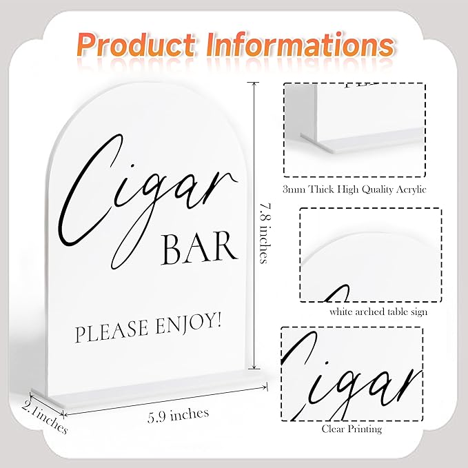 Cigar Bar Sign, White Arch Acrylic Wedding Sign, Wedding Signs for Ceremony and Reception, Cigar Lounge Decor, Bridal Shower Decor, Centerpiece Table Decorations Party for Bride and Groom-1