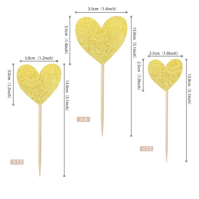 30 PCS Heart Cupcake Toppers Glitter Sweet Love Theme Cupcake Picks Wedding Engagement Bridal Shower Birthday Valentine's Day Party Cake Decorations Supplies Mixed Size Gold