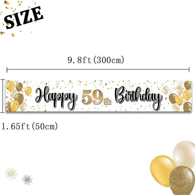 Happy 59th Birthday Decorations,59th Gold Balloon Large Birthday Hanging Banner Sign,59 Years Old Bday Party Supplies.