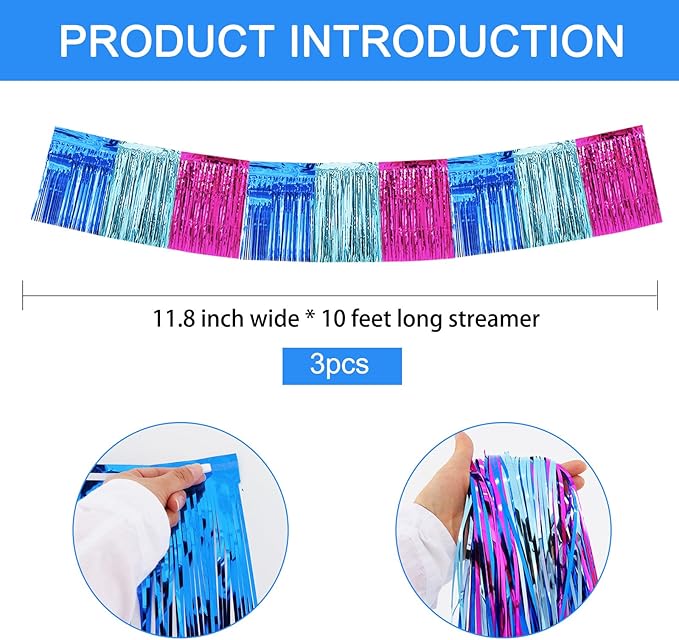 BEISHIDA 3 Packs Metallic Foil Fringe Garland Mix Blue Pink Wall Hanging Tinsel Fringe Banners for Car Floats Birthday Baby Bridal Shower Wedding Graduation Holiday Party Decoration(30 Feet)