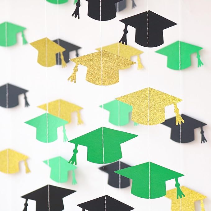 Black Green and Gold Graduation Garland Graduation Party Decorations Class of 2026 Grad Cap Garland Banner Streamers for Grad Party Hanging Decorations 39Feet