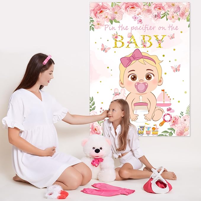 WNINK Pin The Pacifier On The Baby Pink Baby Shower Game Party Decorations Include Large Poster 30 Pacifier Stickers Game Set for Baby Shower Activity, Gender Reveal, Birthday Party Decor Supplies