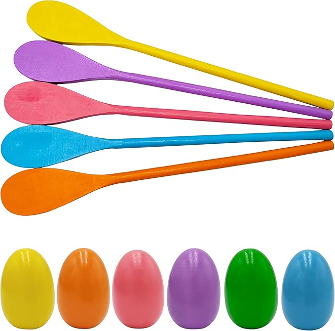 12 Wooden Easter Eggs and 12 Wooden Spoon Race Game Set, 12 Sets, Multi-Player Carnival Game for Kids & Family Activity Holiday Outdoor Yard Easter Egg Hunt Birthday Party Lawn Games