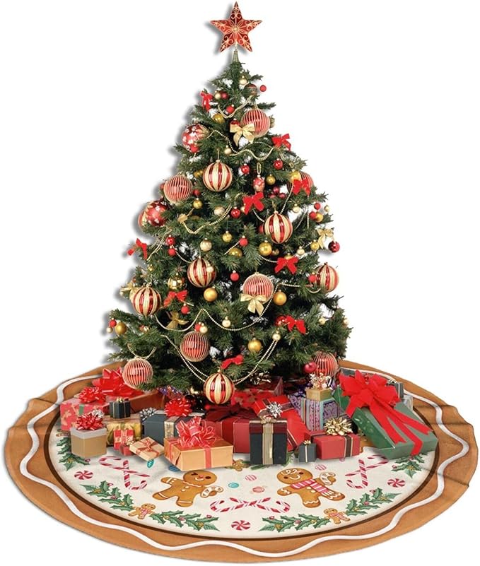 Gingerbread Man Christmas Tree Skirt Xmas Tree Mat Halloween Thanksgiving Christmas Tree Ornaments Decorations Holiday Party Indoor Outdoor 30"