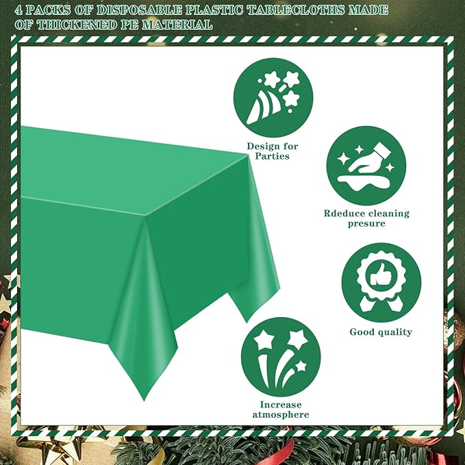 mwellewm 4 Packs Green Table Cloth, Plastic Table Cloth Christmas Tablecloth 54" × 72" Rectangle Disposable Tablecloths Waterproof Green Table Cover for St. Patrick's Party Holiday & Gathering Use