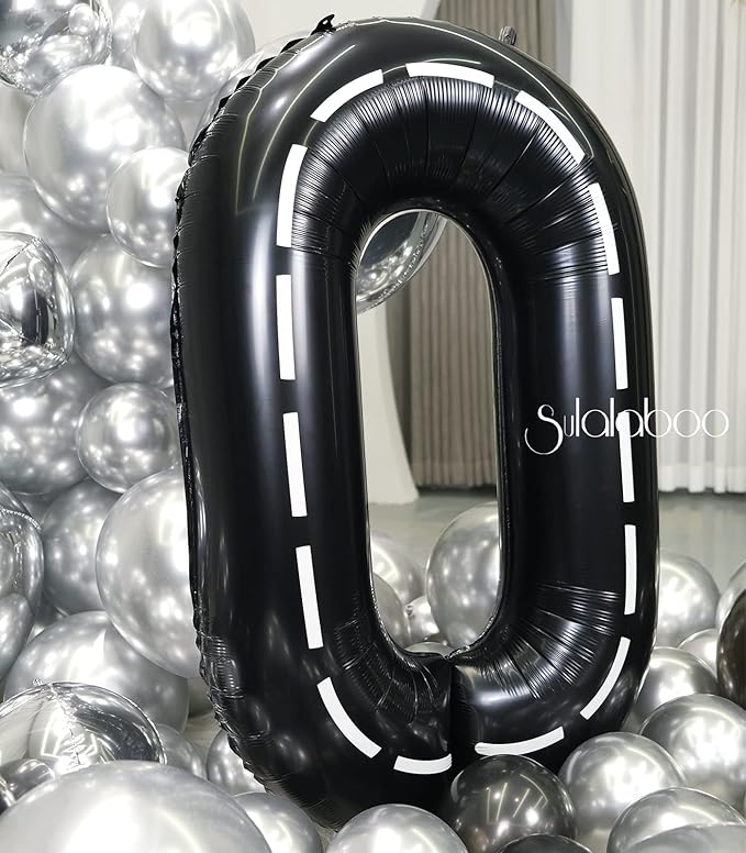 Race Car 40Inch Black 0 Balloon Number Large Helium Race Track 0-9 Giant Digital 0th Foil Mylar Big Party Number Balloons for Boy Birthday Car Theme Party Anniversary Graduation Decorations