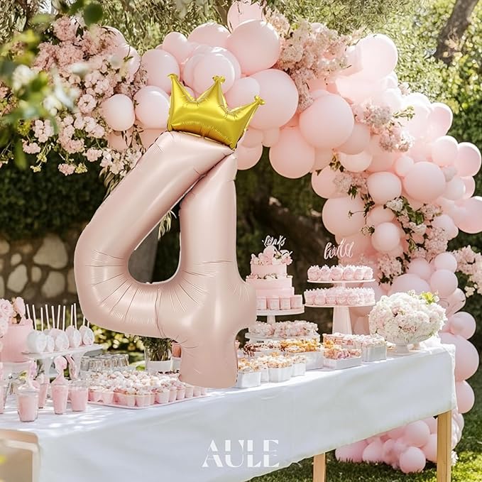 AULE 40 Inch Big Pink 4 Balloon Number with Crown Large Foil Helium Number Balloons 0-9 Jumbo Giant Happy 4th Birthday Party Decorations Huge Mylar Anniversary Party Supplies