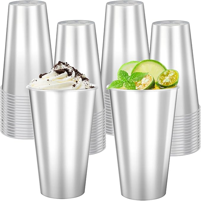 Disposable Plastic Cups 50 Pcs 16oz Silver Drinking Cup. These Disposable Cups for Both Hot and Cold Drinks, Including Coffee and Cocktails. Ideal for Weddings, Birthdays, Parties, and Picnics