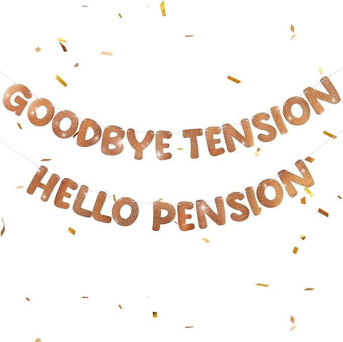 Retirement Banner Pre-Strung GOODBYE TENSION HELLO PENSION Banner Glitter Retirement Party Supplies Decorations for Women Men Office Home Decor (Brown)