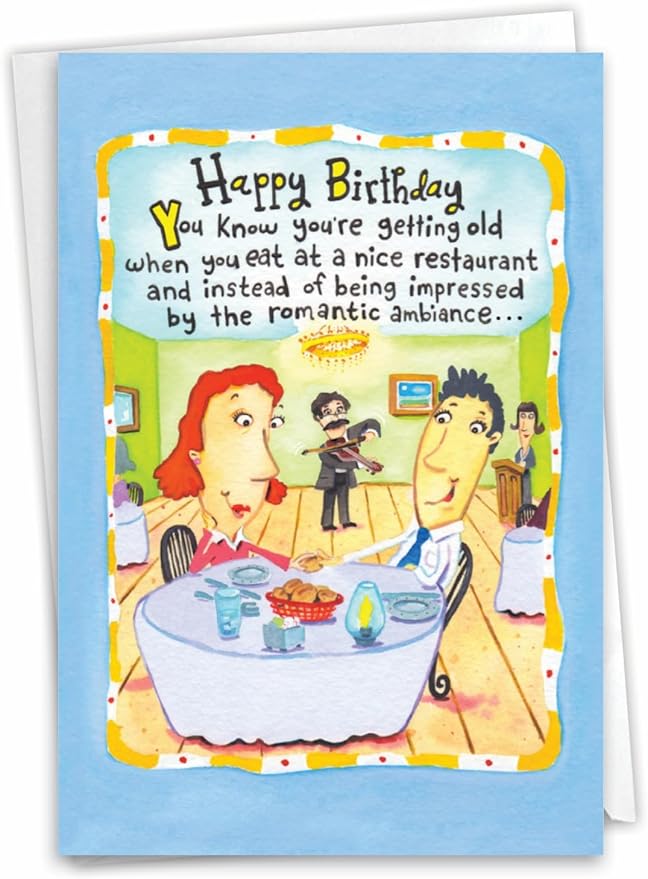 NobleWorks - 1 Funny Birthday Card for Women, Wife - Happy Bday Cartoon, Woman Notecard w/Envelope - Nice Restaurant C3336BDG
