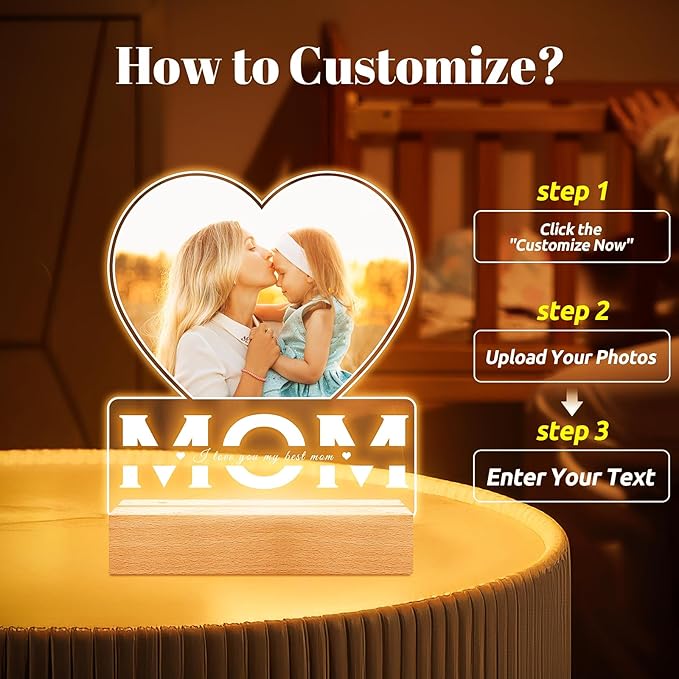 Personalized Mothers Day Gifts for Mom from Daughter and Son, Custom Picture Frames with Photos, Customized Photo Frame with Night Light, Personalized Birthday Gifts for Mom
