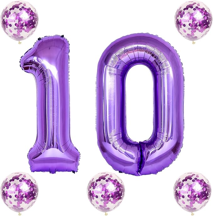 Large 10 Balloon Number Purple, 40 Inch Helium Foil Number 1 & 0 Balloons Self Inflating with Confetti Balloons for Girls Women 10th 1st Birthday Party Balloons Anniversary Decorations Supplies