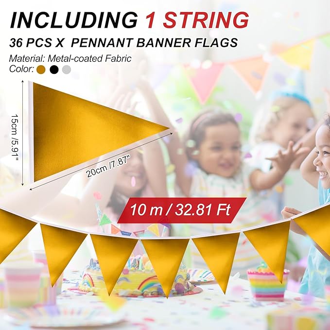 PATIKIL Pennant Banner Flags 33 Ft, 36 Pcs Colorful Triangle Banners Party Banner Bunting Garland String for Graduation Birthday Wedding Outdoor Decoration, Black/Gold/Silver