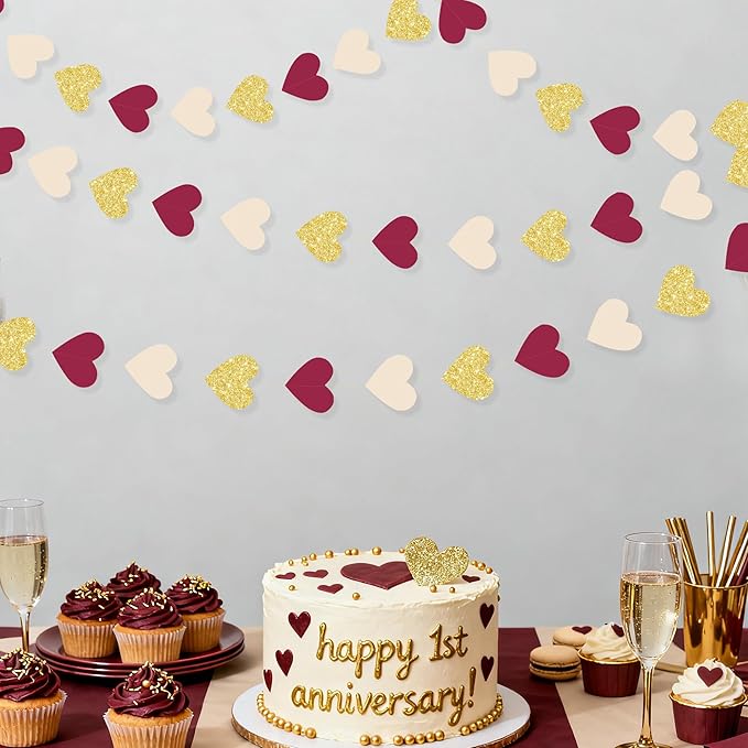 Maroon Gold Party Decorations Burgundy Beige Glitter Gold Paper Love Heart Hanging Banner Garland Streamer for Birthday Wedding Anniversary Engagement Valentines Day Graduation Garnet Party Supplies