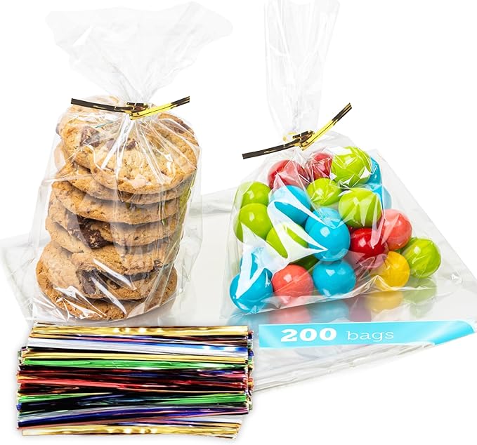 TATTI 200 Pack Clear Cellophane Bags for Favors - Transparent Goodie Bags for Birthday Party, 6x9 Inch Clear Bags with 5-Inch Twist Ties - Candy, Treat, Cookie Bags for Gift Giving