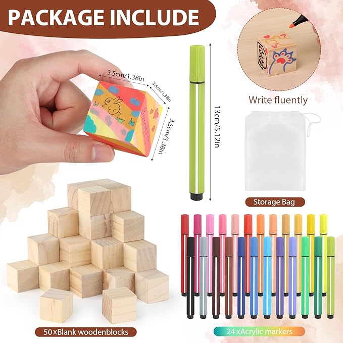 Baby Shower Games Sign Kit with 50 Blank Wooden Baby Blocks, 24 Acrylic Paint Marker and Wooden Sign, Blocks for Baby Shower Games, Gender Reveals Party(Bear)