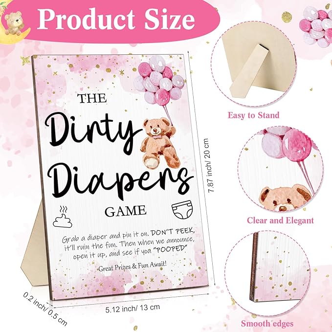 Roowest 51 Pcs Dirty Diaper Baby Shower Games Funny Wooden Sign with 50 Pcs Mini Diapers Cute Felt for Gender Reveal Party Baby Shower(Pink Bear)