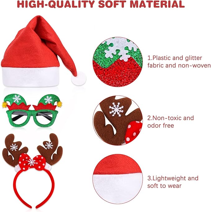 18 Pcs Christmas Glasses Glitter Headbands Hats Set, Hair Hoop Eyewear Eyeglasses Frame Santa Hat Photo Props for Adults Christmas Party Favors Holiday Photos Booth