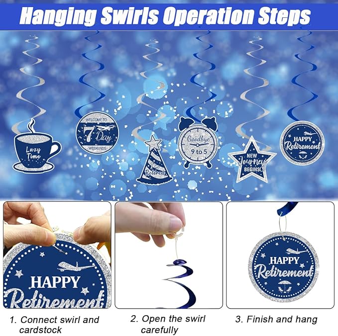 Happy Retirement Party Decorations Men Women, Blue Silver Retirement Party Decorations, Happy Banner, Backdrop, Hanging Swirls, Honeycomb Centerpiece