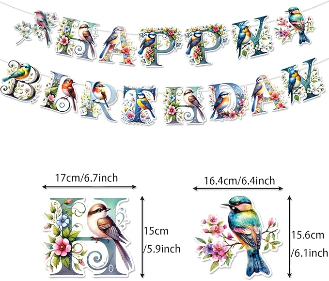 Zwiebeco Multicolored Flowers Birds Happy Birthday Banner Bunting Hanging Paper Swirls Garland Party Decorations for Boys Girls Kids Baby Shower Spring Summer Themed Bday Decor Accessories Supplies