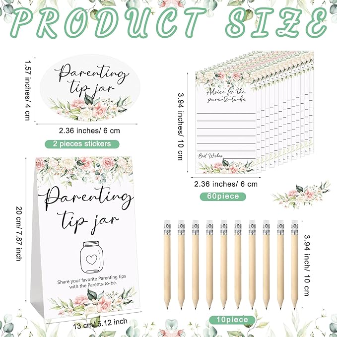 Roowest Baby Shower to Baby Advice Cards for New Parents to Be - Tip Jar Sign for New Parents 60 Parenting Advice Cards 10 HB Pencils 2 Cute Stickers 1 Pet Bottle for Guests Games(Flower)