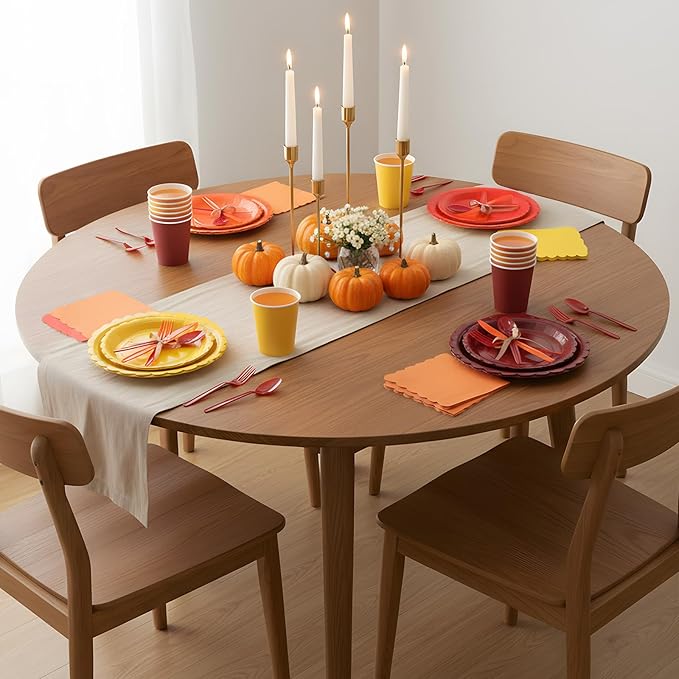 350 Pcs Fall Thanksgiving Plates and Napkins, 50 Guest Autumn Party Supplies Include Scalloped Paper Plates Napkins Cups Plastic Spoons Forks Knives Disposable Tableware Set for Harvest Party
