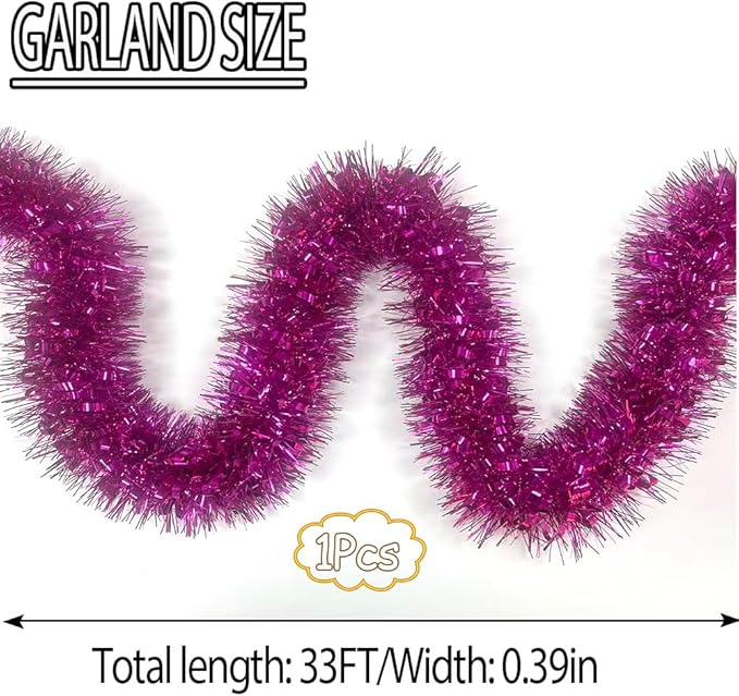 33Ft Christmas Tinsel Garland Shiny Thick Tinsel Xmas Tree Decorations Metallic Twist Foil Spring Garland for New Year Parties Teachers' Day Easter Parade Floats Indoor Outdoor Supplies - Pink