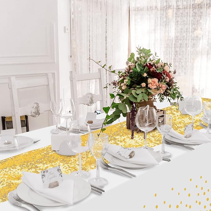 Irenare Tablecloth and Sequin Table Runner Set Polka Dots Confetti Table Cover Dining Plastic Tablecloths Glitter Decorations for Birthday Wedding Anniversary Party Supplies(White, Gold,2 Pcs)