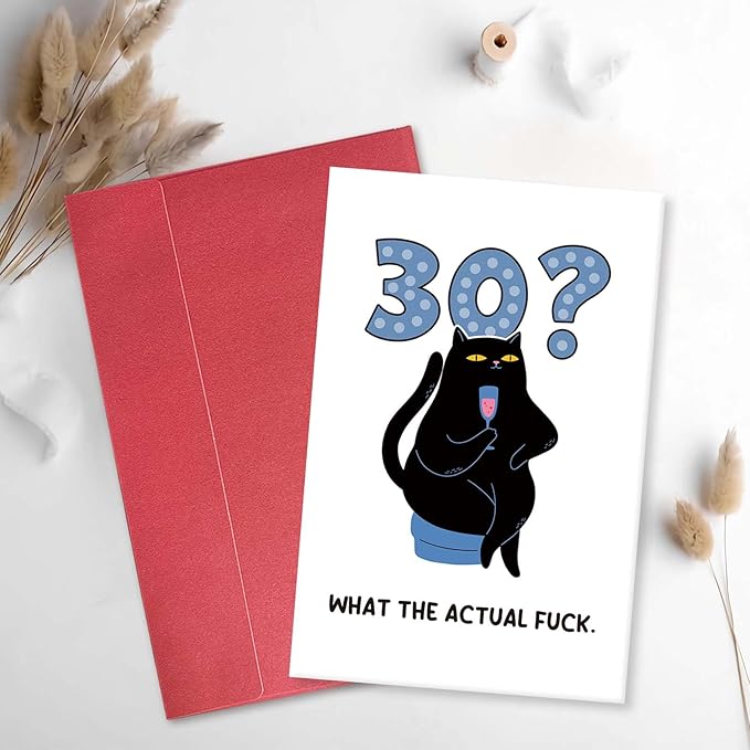 Funny 30th Birthday Card for Cat Lover, Cat Birthday Card for 30 Years Old, Humorous Thirtieth Bday Gift for Him Her