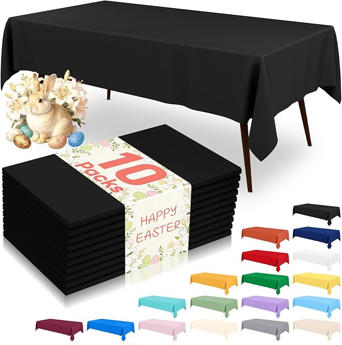 misaya 10 Packs Disposable Plastic Table Cloth, 54 x 108 Inch Waterproof Rectangle Tablecloth, Leakproof & Sturdy Decorative Table Covers for Easter, Picnic, Party and Outdoor, Black