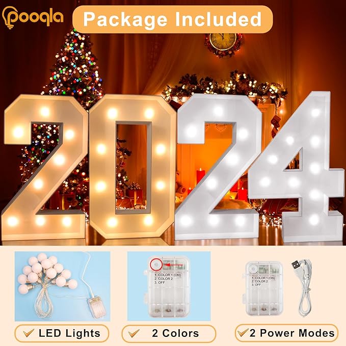 Pooqla 3FT Light Up Marquee Numbers, LED Large Lighted Marquee Numbers for Party Decoration, Giant Mosaic Number for Balloon 4th 14th 40th Birthday Decoration, Cool White and Warm White 4