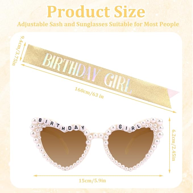 Birthday Sash & Glasses Set, Gold Birthday Sash for Women, Happy Birthday Decorations Outfits Accessories Party Favors Set for Women