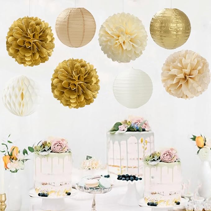 Gold White Champagne Beige Paper Flowers Tissue Pom Poms Honeycomb Lanterns 15pcs Party Decorations Engagement Birthday Wedding Baby Bridal Shower Hanging Supplies Mprocherify