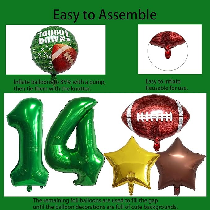 Football Balloons Foil Football Birthday Decorations Balloons Green Number 14 Balloon Gold Brown Star Touchdown Ballons for Rugby Birthday Decorations Sports Ballons Arch Kits Party Balloon Sets 10pcs