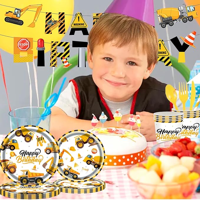 194Pcs Construction Plates Birthday Party Supplies Decorations Serve 24 | Includes Napkins Cups Tablecloth and Banner | Boys Construction Themed Birthday Party