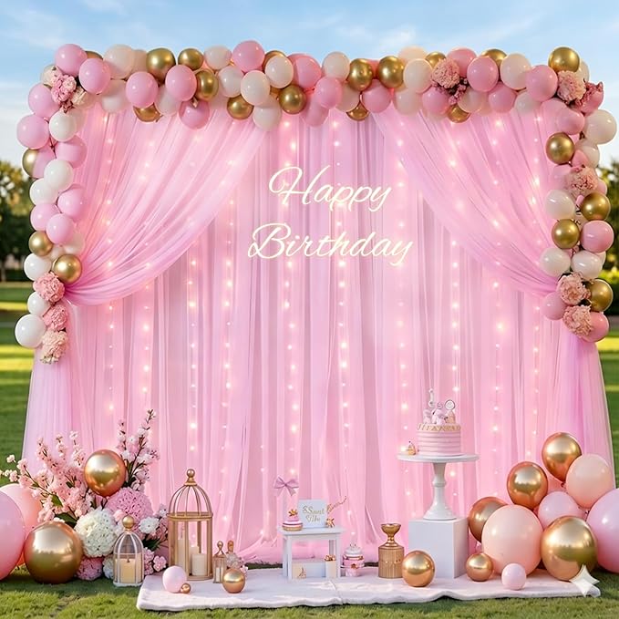 Pink Tulle Backdrop Curtain with String Lights, 2 Panels 5×8FT Sheer Wrinkle-Free Pink Backdrop Drapes for Wedding, Bridal Shower, Birthday, Baby Shower, Princess Party & Photo Booth Decorations