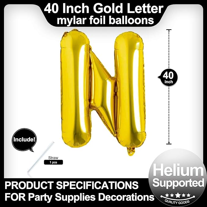40 Inch Gold Letter N Balloons, DIY Phrase Foil Alphabet Letter N Balloons DIY Word N Banner for Birthday Anniversary Celebration Graduation Party Supplies Decoration