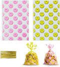 100 Pack Goodie Bags Plastic Gift Bags with Twist Ties 5x9 Inch – Clear Treat Bags with Happy Face Print, Party Favor Bags for Candy, Snacks, Gifts, Events & Celebrations