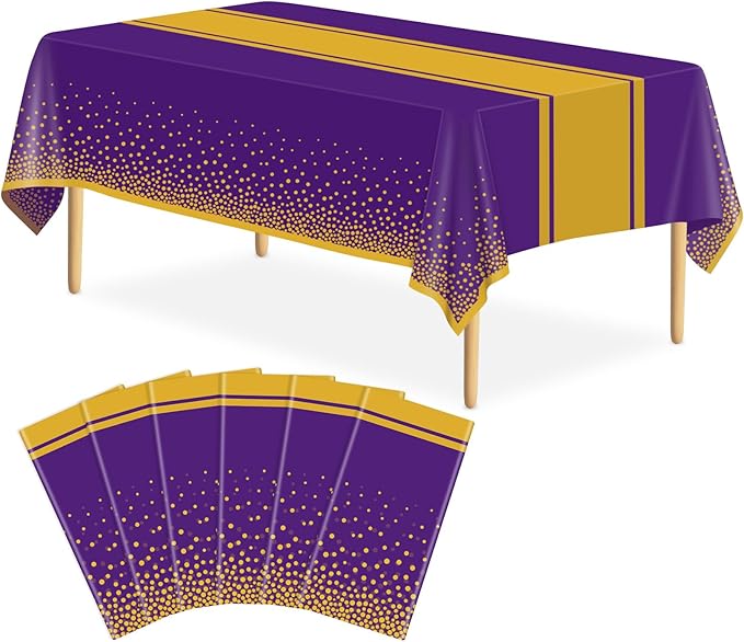 6 Pack Purple and Gold Tablecloth Party Decorations Plastic Purple Tablecloth Printed Gold Table Runner 54 x108 Inch Disposable Rectangle Table Cover for Birthday Wedding Graduation