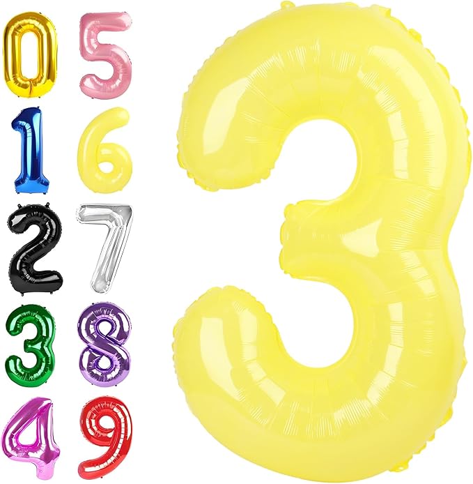 Number 3 Balloon, 40 Inch 3 Balloon for Birthday Party Decoration, Yellow Number 3 Ballon for 3, 13, 23, 30 Celebration, Men and Women Birthday, Wedding, Anniversary Decor