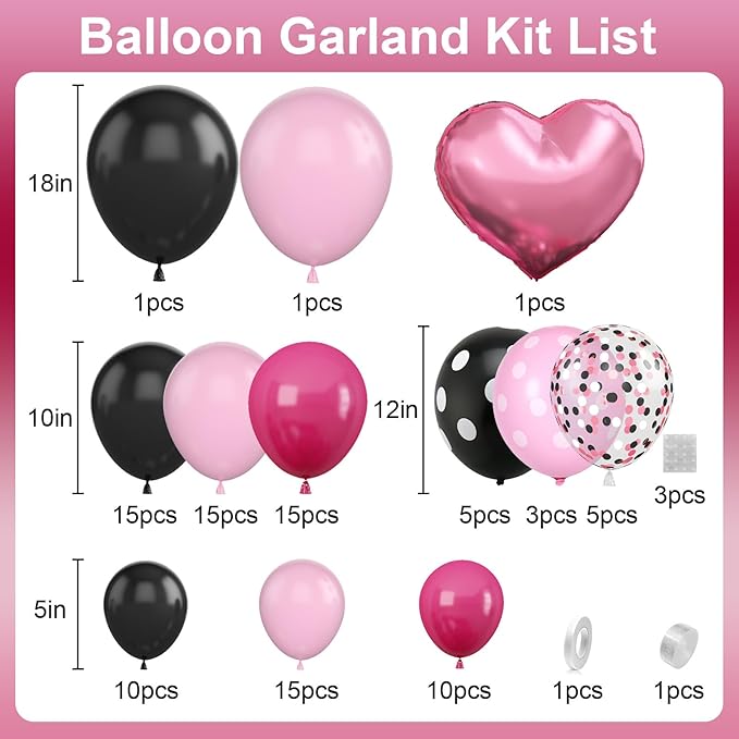 Pink Black Balloon Arch Kit, Pastel Hot Pink Black Dot Balloons Garland with Bow Heart Foil Balloons for Girls Kids Birthday Baby Shower Wedding Party Decor