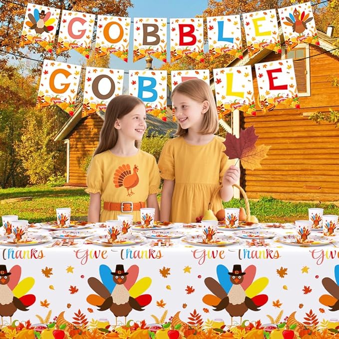 194Pcs Thanksgiving Party Tableware Decorations Supplies Turkey Paper Plates and Napkins Dinnerware Sets Thanksgiving Disposable Plates Set with Napkins and Tablecloth Serves 24