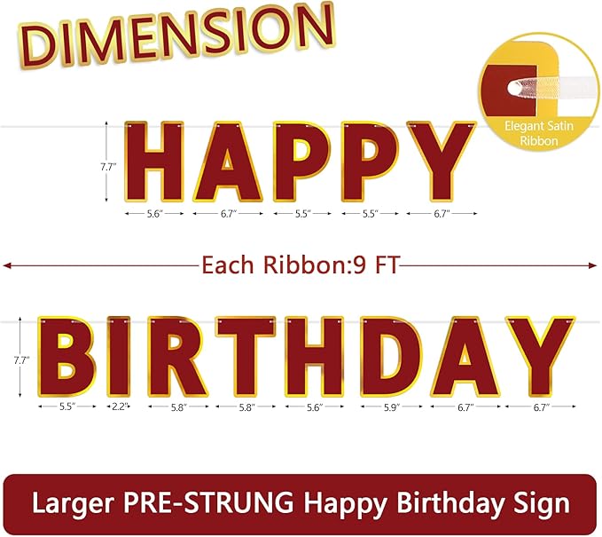 Happy Birthday Banner - 9ft Pre-Strung Happy Birthday Sign for Women, Men, Girls, Boys - No DIY Birthday Decorations & Party Supplies(Wine Red)