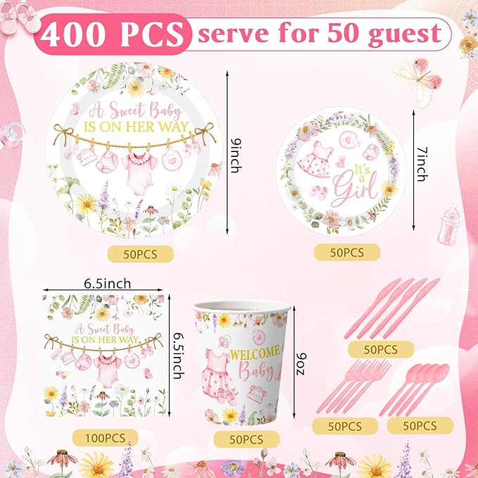 400 Pcs Pink Wildflower Girl Baby Shower Party Decoration for 50, Baby in Bloom Paper Plates Napkins and Cups Cutlery Floral Tableware Set for a Sweet Babys Is on Her Way Party Supplies